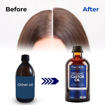 Pharmlitalia Pure Castor Oil Organic Cold Pressed Unrefined Glass Bottle - Hexane free Golden Castor Oil for face, hairs, Eyelashes, Skin care and Nails - 500ml
