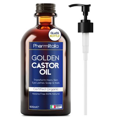 Pharmlitalia Pure Castor Oil Organic Cold Pressed Unrefined Glass Bottle - Hexane free Golden Castor Oil for face, hairs, Eyelashes, Skin care and Nails - 500ml