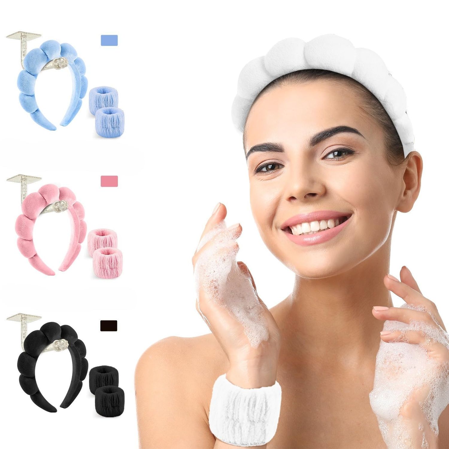 Yeabininee Spa Headbands Washing Face Headband Makeup Skincare Headband Wristband Set White Fluffy Hairbands Coral Velvet with Hanging Hook Headbands for Women Gifts