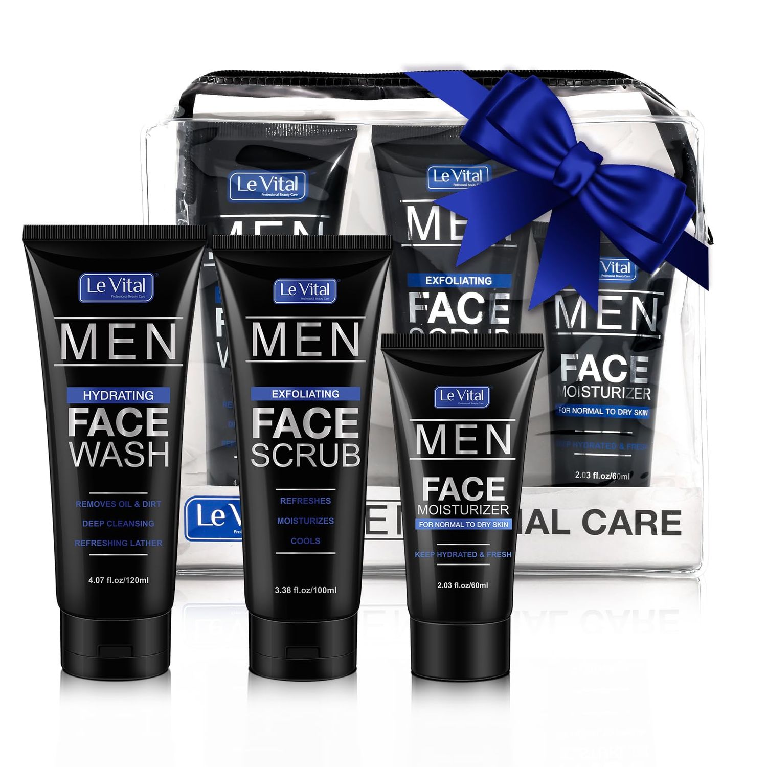 Le Vital Men&#39;s Skin Care 3 Piece Set, Daily Essential Face Kit, Including Face Cleanser, Exfoliating Scrub &amp; Day Cream Face Moisturizer, Great Gift for Men