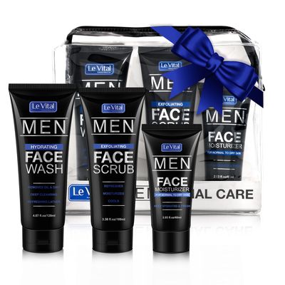 Le Vital Men&#39;s Skin Care 3 Piece Set, Daily Essential Face Kit, Including Face Cleanser, Exfoliating Scrub &amp; Day Cream Face Moisturizer, Great Gift for Men