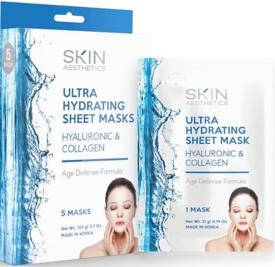 Skin Aesthetics Hyaluronic &amp; Collagen Sheet Face Mask - Skin Firming, Anti-Aging, Moisturizing &amp; Plumping - Dermatologist Tested Korean Skincare - Clean Beauty, Cruelty-Free - 5 Masks