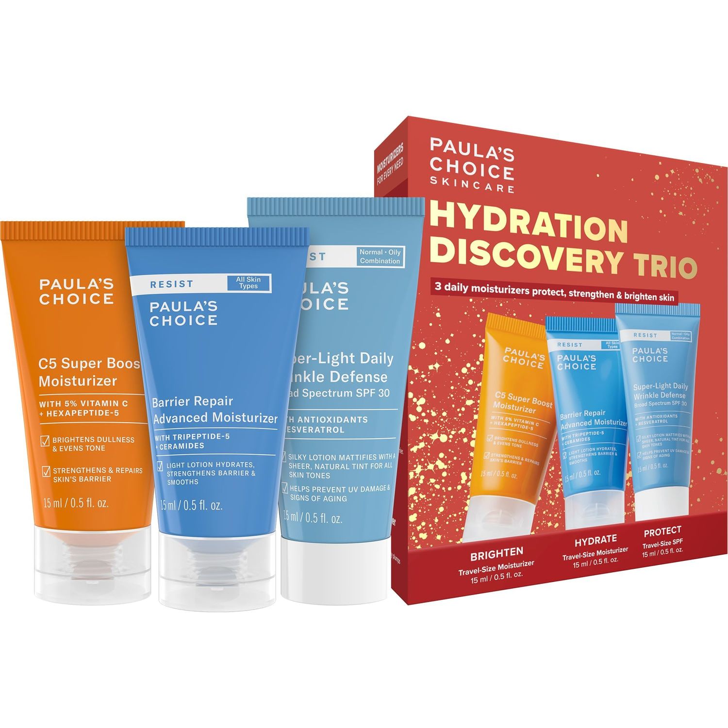 Paulas Choice Hydration Trio Travel Essentials Mini Kit, Includes C5 5% Vitamin C Moisturizer, RESIST Barrier Repair Moisturizer and RESIST Wrinkle Defense Matte Tinted Moisturizer SPF 30, Set of 3