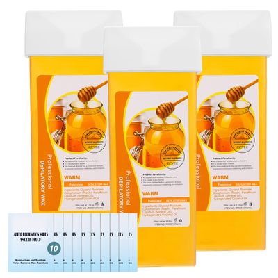 Roll on Wax Refill Kit: 3 Honey Wax Roller Refill &amp; 10 Cleaning Wipes for Hair Removal - Depilatory Wax Cartridge for Body Leg Arm (100g/3.53oz, 3 Pack)