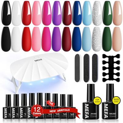 MEFA 19 Pcs Gel Nail Polish Kit with U V Light, 12 Colors All Seasons Nude Milky White Soak Off Gel Polish Nail Set with Base Top Coat Essential Manicure Beginners Salon Valentine Gifts for Women