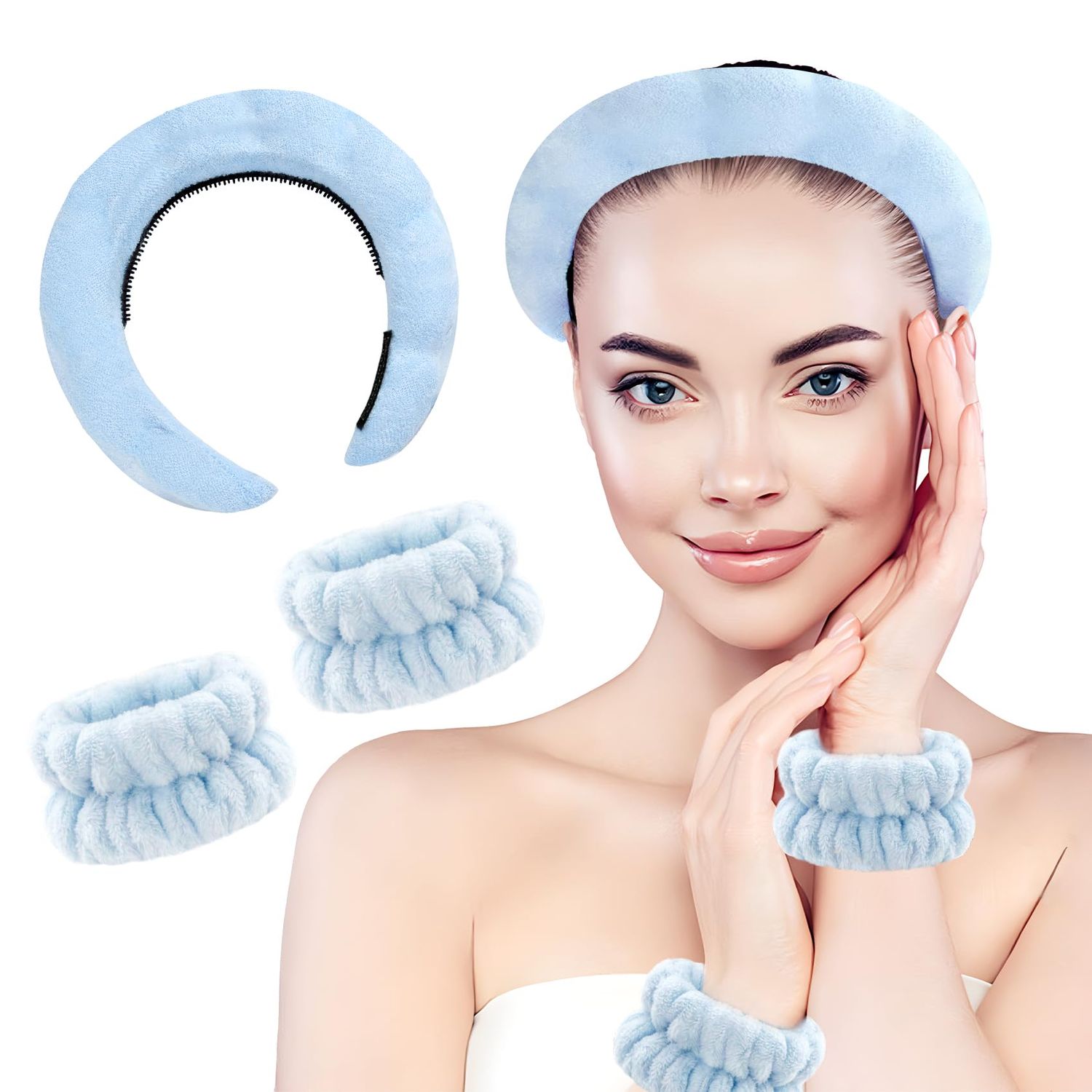 MIMITOOU 3Pcs Skin Care Hairband &amp; Wristband Set for Women, Face Washing Hair Bands &amp; Wristbands with Sponge Headband, Blue