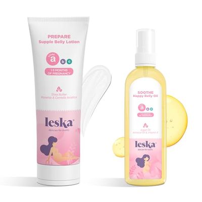 Leska Maternity Lotion &amp; Oil | STAGE A: PREPARE &amp; SOOTHE Supple Belly Lotion &amp; Happy Belly Oil (Pregnancy Months 1-5) | Part of a Complete 3 Part Pregnancy Skin Care System | New Mom Gifts (4-4.22oz)