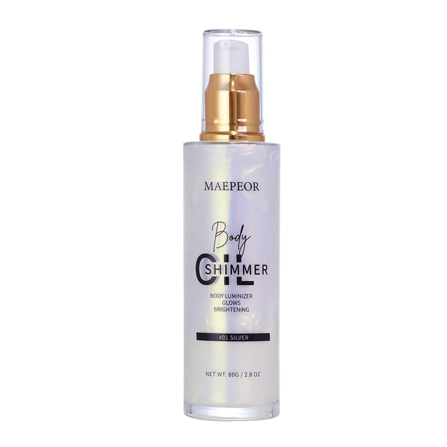 MAEPEOR Shimmer Body Luminizer 5 Colors Moisturizing Glow Illuminator Smooth and Non-sticky Summer Body Highlighter For Face &amp; Body (80ML, 01 Silver)
