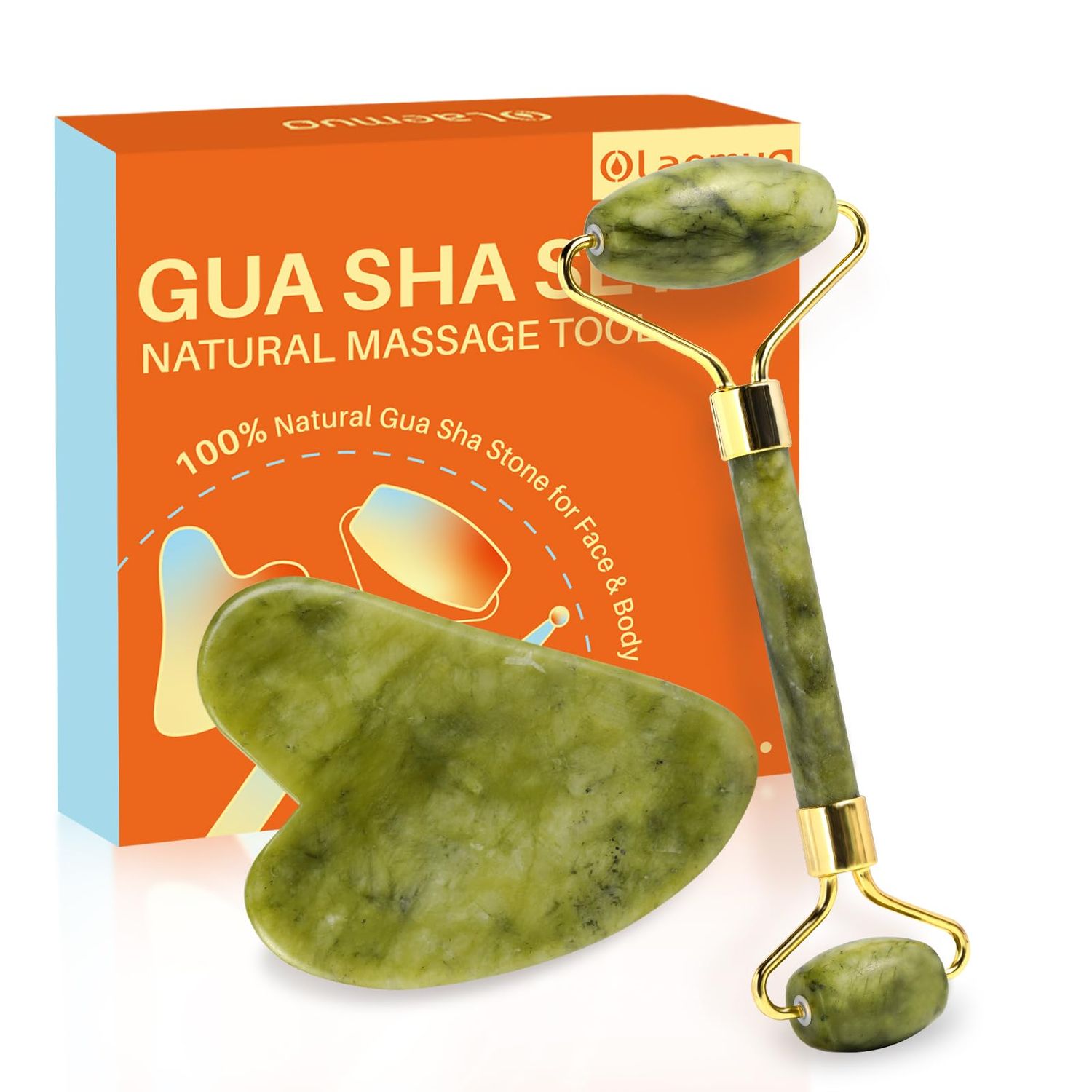 Olaemuo Jade Gua Sha and Face Roller, Real Jade Gua-Sha Stone Facial Tools Set for Reduce Puffiness, Body Guasha Tool for Relieve Neck Tension, Skincare Beauty Massager as Present for Women, Green