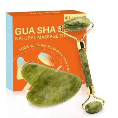 Olaemuo Jade Gua Sha and Face Roller, Real Jade Gua-Sha Stone Facial Tools Set for Reduce Puffiness, Body Guasha Tool for Relieve Neck Tension, Skincare Beauty Massager as Present for Women, Green