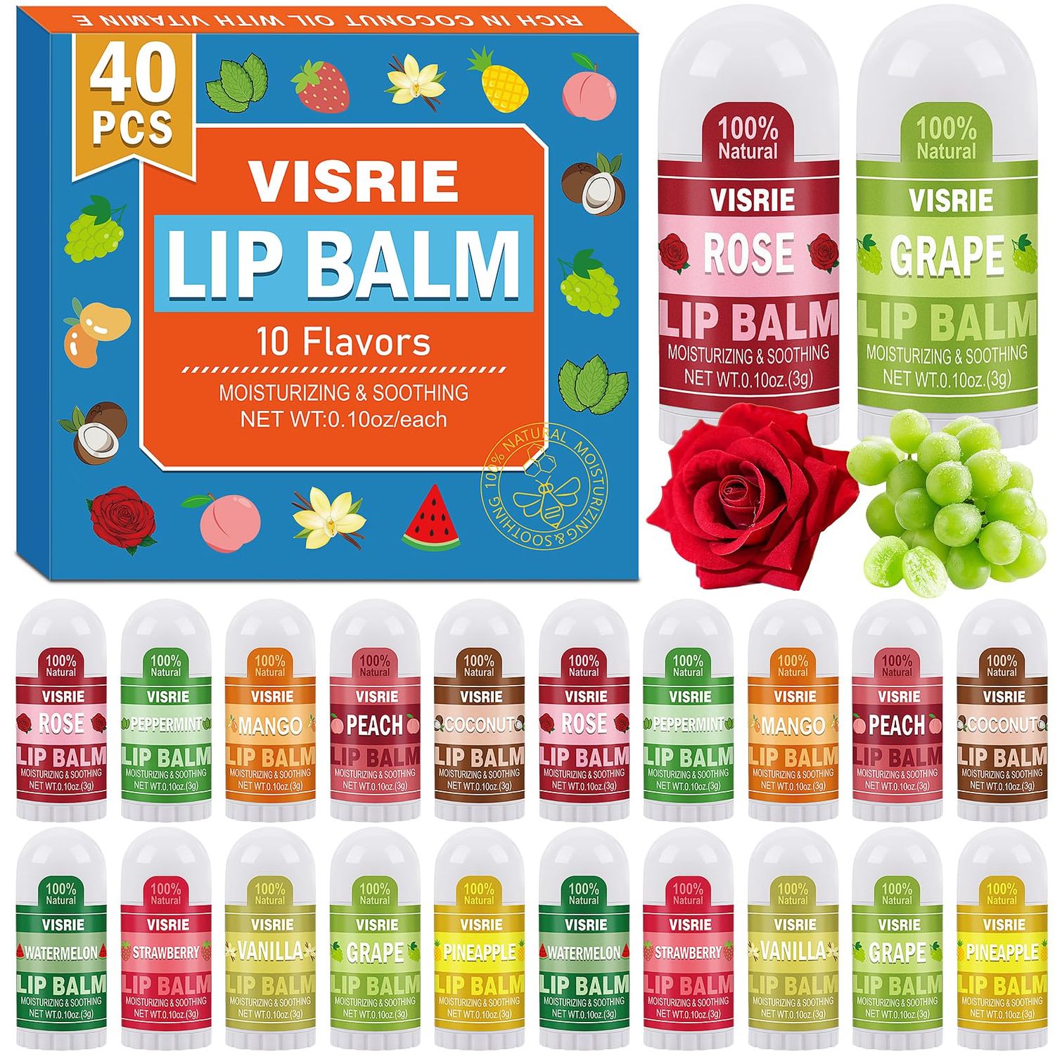 VISRIE Mini Lip Balm 40 Count, Lip Balm Bulk with Vitamin E &amp; Coconut Oil, Moisturizing Lip Balm for Dry Cracked lips - 10 Flavors