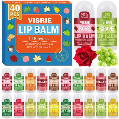 VISRIE Mini Lip Balm 40 Count, Lip Balm Bulk with Vitamin E &amp; Coconut Oil, Moisturizing Lip Balm for Dry Cracked lips - 10 Flavors