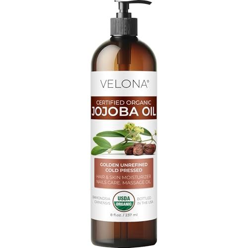 velona Organic Jojoba Oil 8 Fl Oz - 100% Pure, Unrefined Cold Pressed for Face, Hair, Body, Acne Prone Skin Care, Stretch Marks &amp; Cuticles (With Pump)