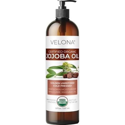 velona Organic Jojoba Oil 8 Fl Oz - 100% Pure, Unrefined Cold Pressed for Face, Hair, Body, Acne Prone Skin Care, Stretch Marks &amp; Cuticles (With Pump)