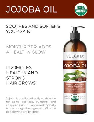 velona Organic Jojoba Oil 8 Fl Oz - 100% Pure, Unrefined Cold Pressed for Face, Hair, Body, Acne Prone Skin Care, Stretch Marks & Cuticles (With Pump)