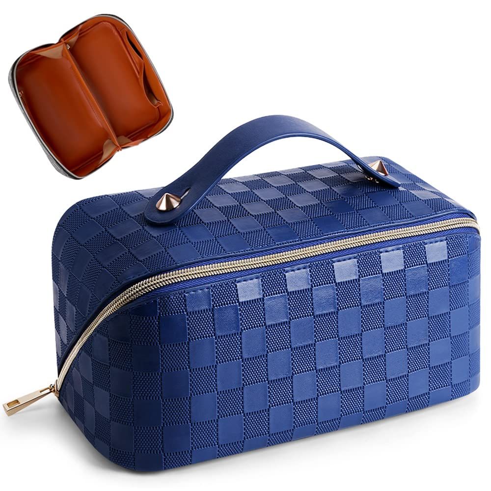 Large Capacity Travel Cosmetic Bag Plaid Checkered Makeup Bag Portable Leather Waterproof Skincare Bag with Handle and Divider for Women 01-Blue