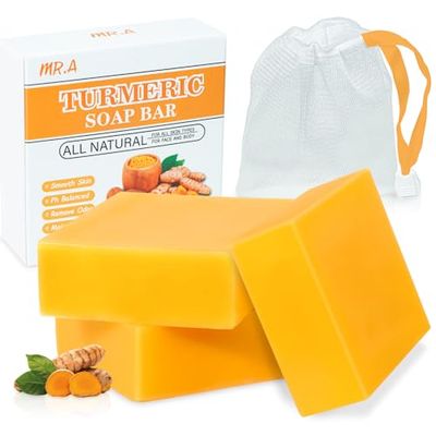 MR.A 3Packs Turmeric Soap Bar, Organic Tumeric Soap for Face and Body, Lemon Turmeric bar Soap with Vitamin C, E for All Skin Type, Turmeric Soap Face Wash for Smoothing, Moisturizing skin
