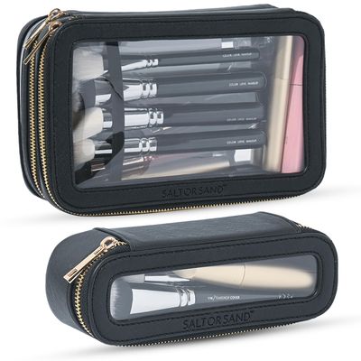 Salt or Sand Leather Clear Makeup Bags Gift Set, Black TSA Approved Cosmetic Toiletry Bag for Women, Makeup Case Pouch, Cute Make up Skincare Bag, Gift-Wrapped Set of Two