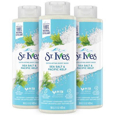 St. Ives Exfoliating Body Wash - Sea Salt &amp; Pacific Kelp Scrub, Natural Body Wash, Body Soap, or Hand Soap with Plant-Based Exfoliants for Glowing Skin, 16 Oz Ea (Pack of 3)