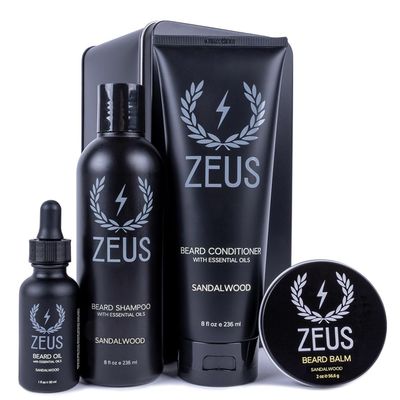 ZEUS Everyday Beard Kit with Tin Gift Box - Beard Wash Shampoo &amp; Conditioner, Natural Beard Oil, Beard Balm &amp; Tin Box (Sandalwood)
