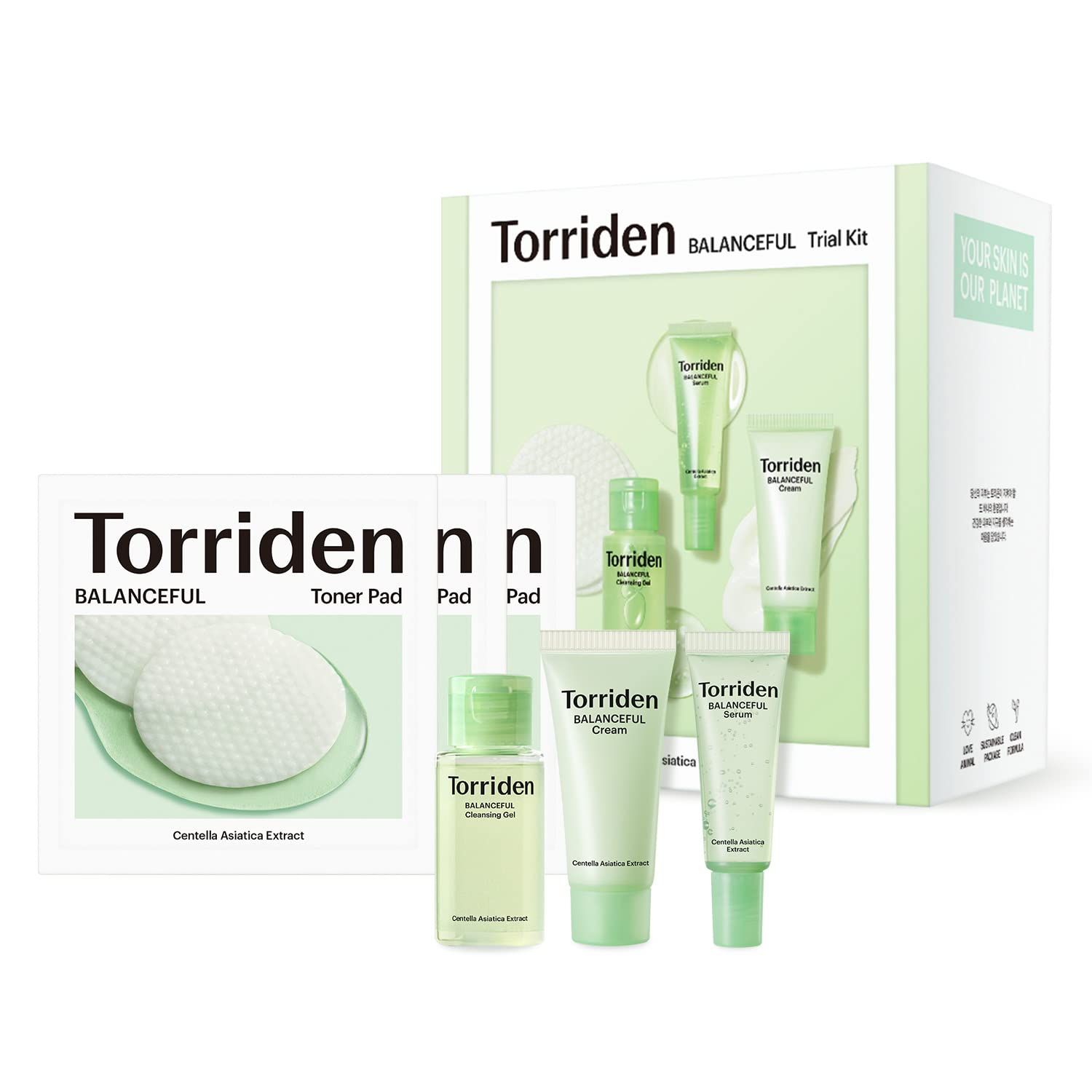 Torriden BALANCEFUL Cica Trial Kit, 5D Cica Infused Daily Skincare Kit - 4 Step Regimen with Cleansing Gel, Toner Pad, Serum, and Cream | Korean Skin Care Set