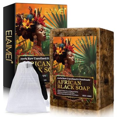 newseel African Black Soap,Black African Soap Bar,Raw African Black Soap,African Black Soap for Dark Spots,Pimples,Blackhead,oily Skin,Face&amp;Body Wash - 3.53oz/100g (1Pack+Foaming Net)