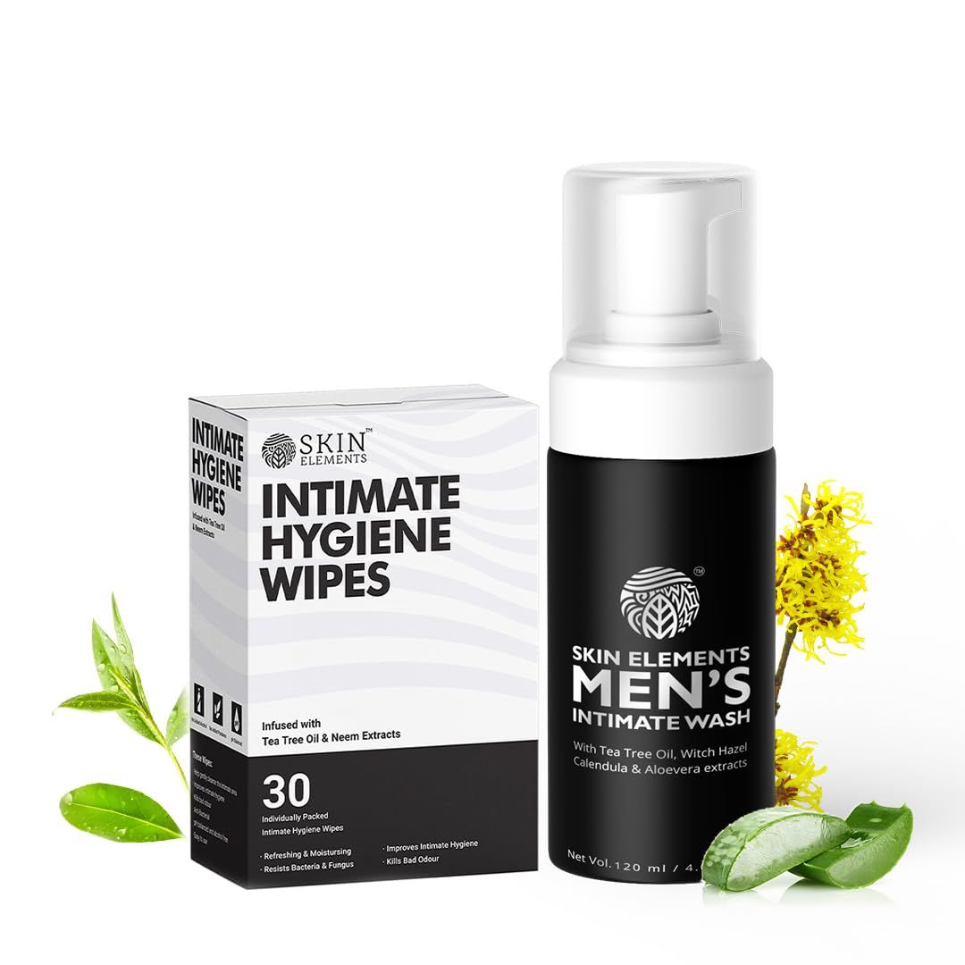 Skin Elements Intimate Hygiene Combo| Intimate Wash Men 120 ml+Intimate Wipes 30 Individual Sachets With Tea Tree &amp; Neem Extracts - pH Balanced Foaming Wash Prevents Irritation &amp; Bad Odor