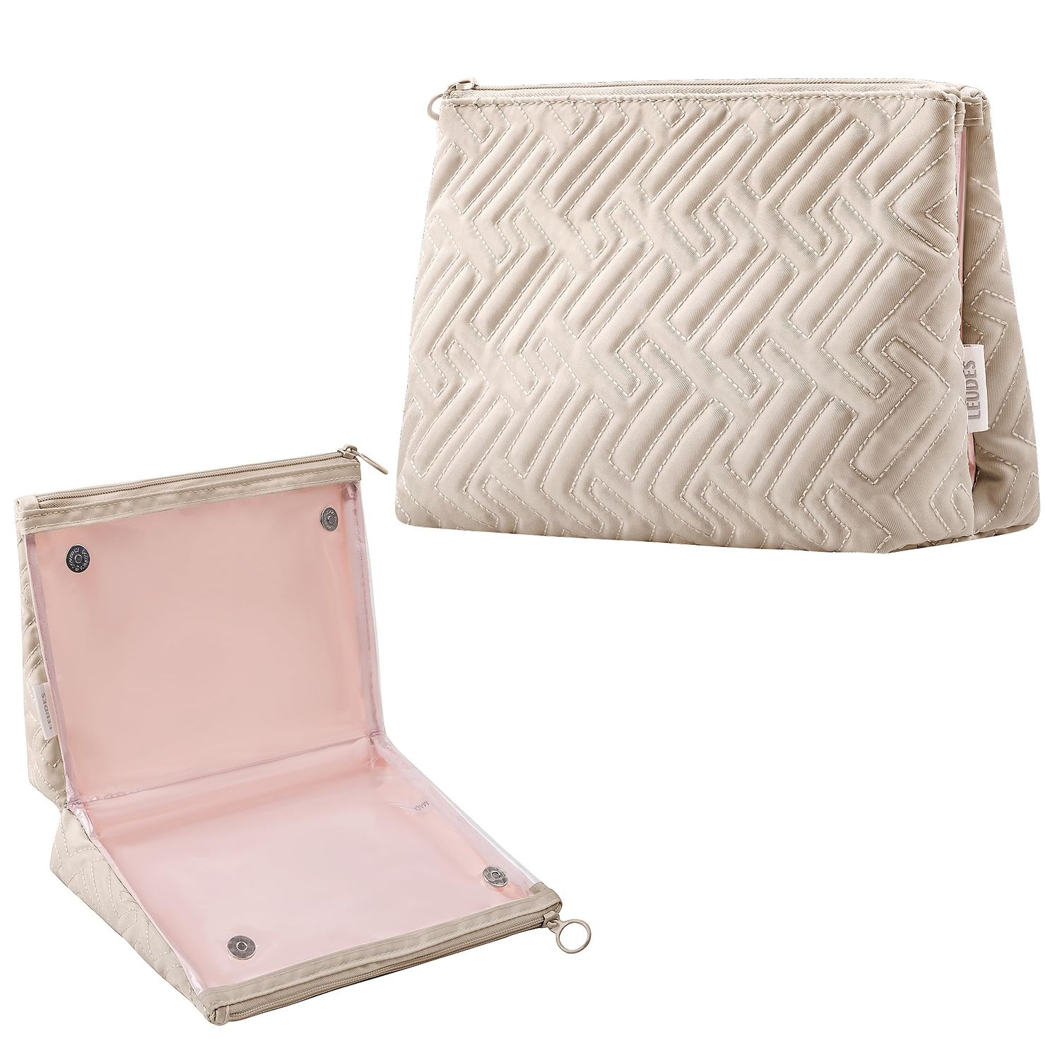 Makeup Bag Travel Essentials Cute Skincare Pouch Purse Cosmetic Bags for Women Traveling Make Up Organizer Portable Clear Case Toiletry Bag with Zipper (Camel, Large)