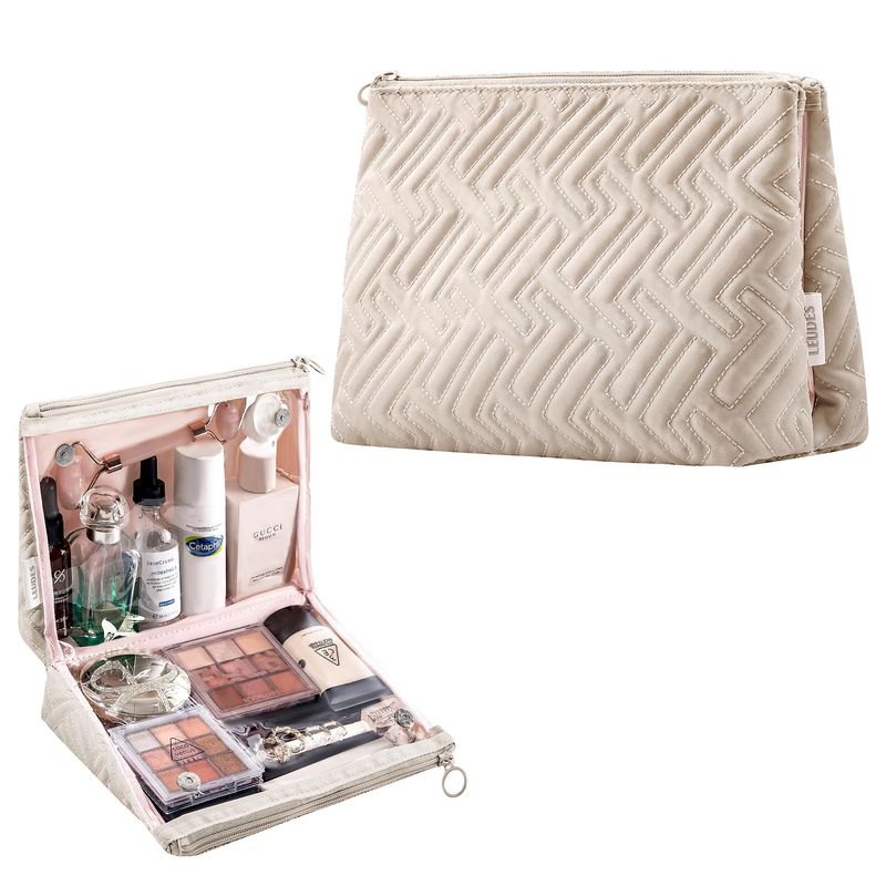 Makeup Bag Travel Essentials Cute Skincare Pouch Purse Cosmetic Bags for Women Traveling Make Up Organizer Portable Clear Case Toiletry Bag with Zipper (Camel, Large)
