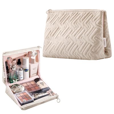 Makeup Bag Travel Essentials Cute Skincare Pouch Purse Cosmetic Bags for Women Traveling Make Up Organizer Portable Clear Case Toiletry Bag with Zipper (Camel, Large)