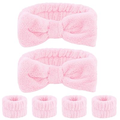 Ondder Pink Spa Headband and Wristband Set Makeup Spa Headband for Washing Face Skin Care Headbands Face Wash Hair Headband Make Up Head Bands Spa Party Favors Hair Accessories for Women Girls