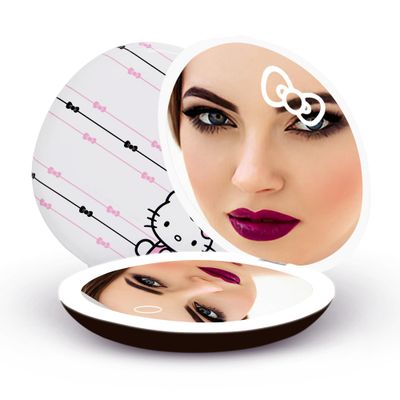 Impressions Vanity Hello Kitty The Stripe Compact Mirror with Light, Double Sided Travel Makeup Mirror with Magnification, Daylight LED Lighting and Adjustable Brightness (White)