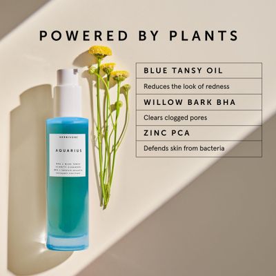 HERBIVORE Aquarius BHA + Blue Tansy Clarity Cleanser - Deep Cleansing, Gentle Exfoliation for Oily-Combination Skin, Plant-Based, Vegan, Cruelty-free, 3.3 oz