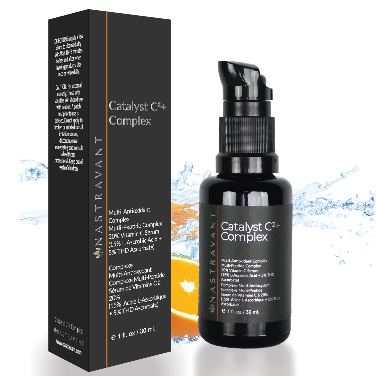Nastravant Catalyst C+ Complex 20% Dual-Action Vitamin C Serum (L-Ascorbic Acid, THD) with Vitamin E, Ferulic Acid, Peptides, Hyaluronic Acid, Brightening, Anti-Aging, Skin hydration, 1 fl oz.