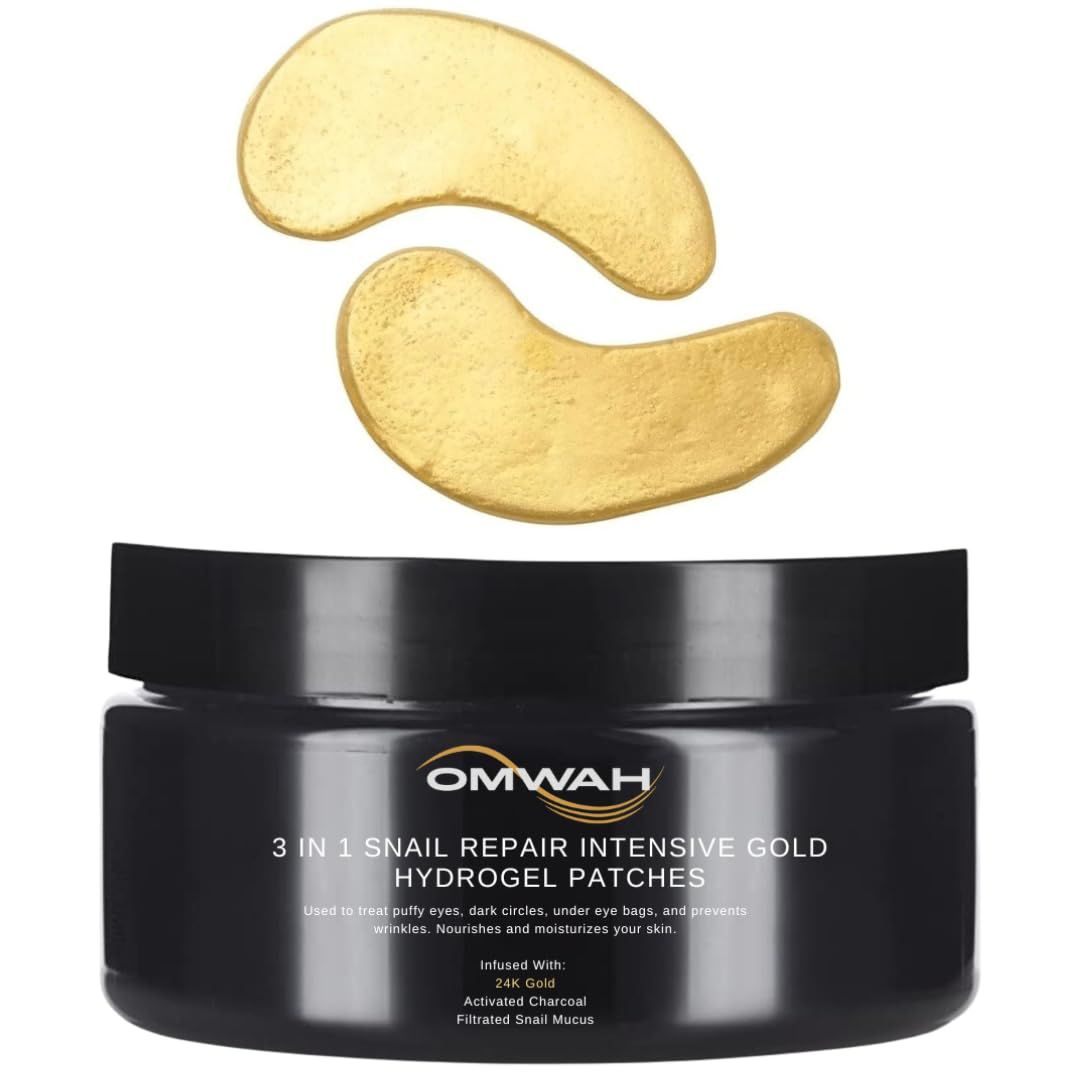 OMWAH Under Eye Mask for Face, Dark Circles and Puffiness, Beauty &amp; Personal Care with Snail Mucin 24K Gold and Activated Charcoal Hydrogel Patches - 60 PCS (30 Pairs) (60 PCS)