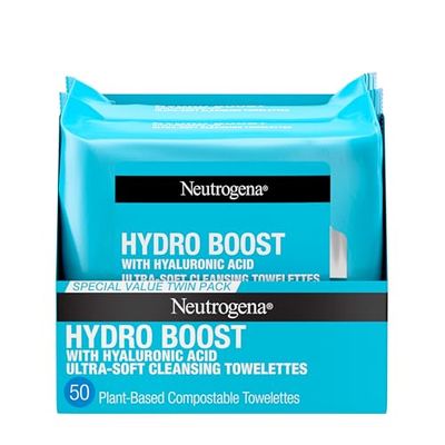Neutrogena Hydro Boost Face Wipes + Hyaluronic Acid, Hydrating Makeup Remover Wipes Remove Dirt &amp; Waterproof Makeup, Hypoallergenic, 100% Plant-Based Cloth, 2 x 25 ct