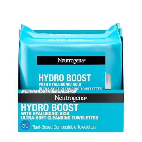 Neutrogena Hydro Boost Face Wipes + Hyaluronic Acid, Hydrating Makeup Remover Wipes Remove Dirt &amp; Waterproof Makeup, Hypoallergenic, 100% Plant-Based Cloth, 2 x 25 ct