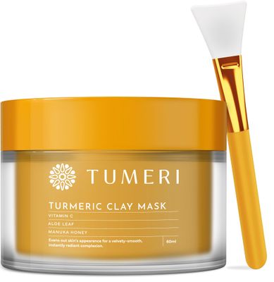 TUMERI Turmeric Vitamin C Clay Mask for Dark Spots - Turmeric Clay Face Mask Skin Care, Deep Cleansing Pores - Improves Uneven Tone, Post-Blemish, Visibly Brighten - 2 oz with Mask Brush Applicator