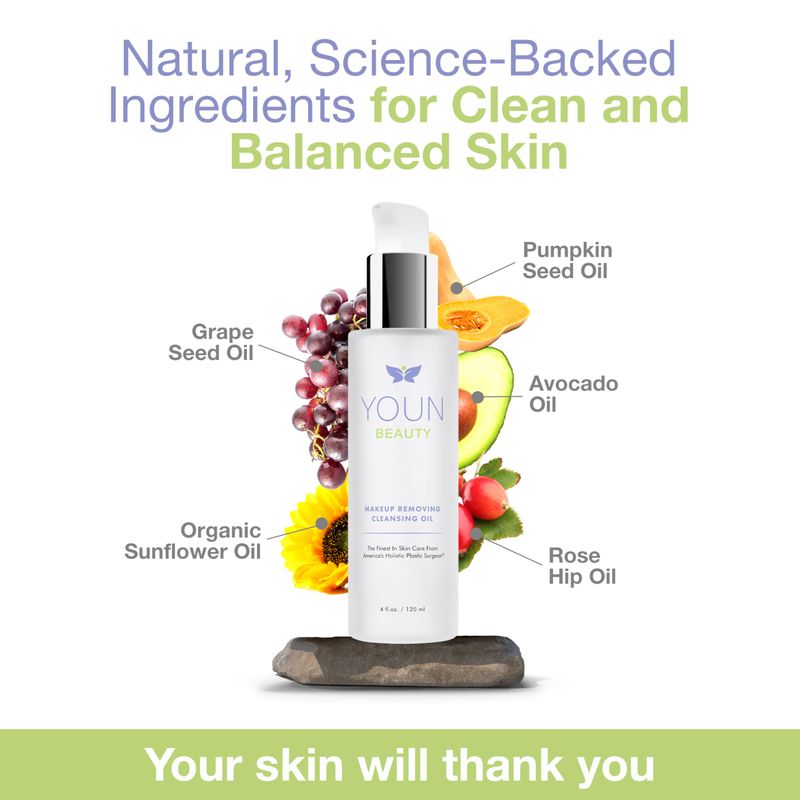 YOUN Beauty Makeup Removing Cleansing Oil by Holistic Plastic Surgeon Dr. Anthony Youn | Hydrating Oil Cleanser for Face with Grape Seed Oil, Sunflower Oil &amp; Rose Hip Oil - For All Skin Types, 120 ml