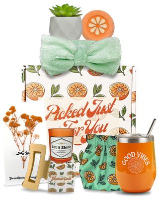 Sunny&amp;Wise Orange Themed Gift Baskets for Women, Self Care Gifts for Women, Care Package for Women, Relaxing Gifts for Women, Gift Box for Women