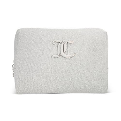 Juicy Couture Women&#39;s Cosmetics Bag - Travel Makeup and Toiletries Clutch Wedge Pouch, Silver Glitter