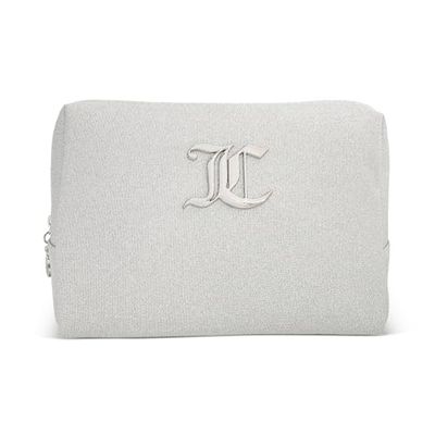 Juicy Couture Women&#39;s Cosmetics Bag - Travel Makeup and Toiletries Clutch Wedge Pouch, Silver Glitter