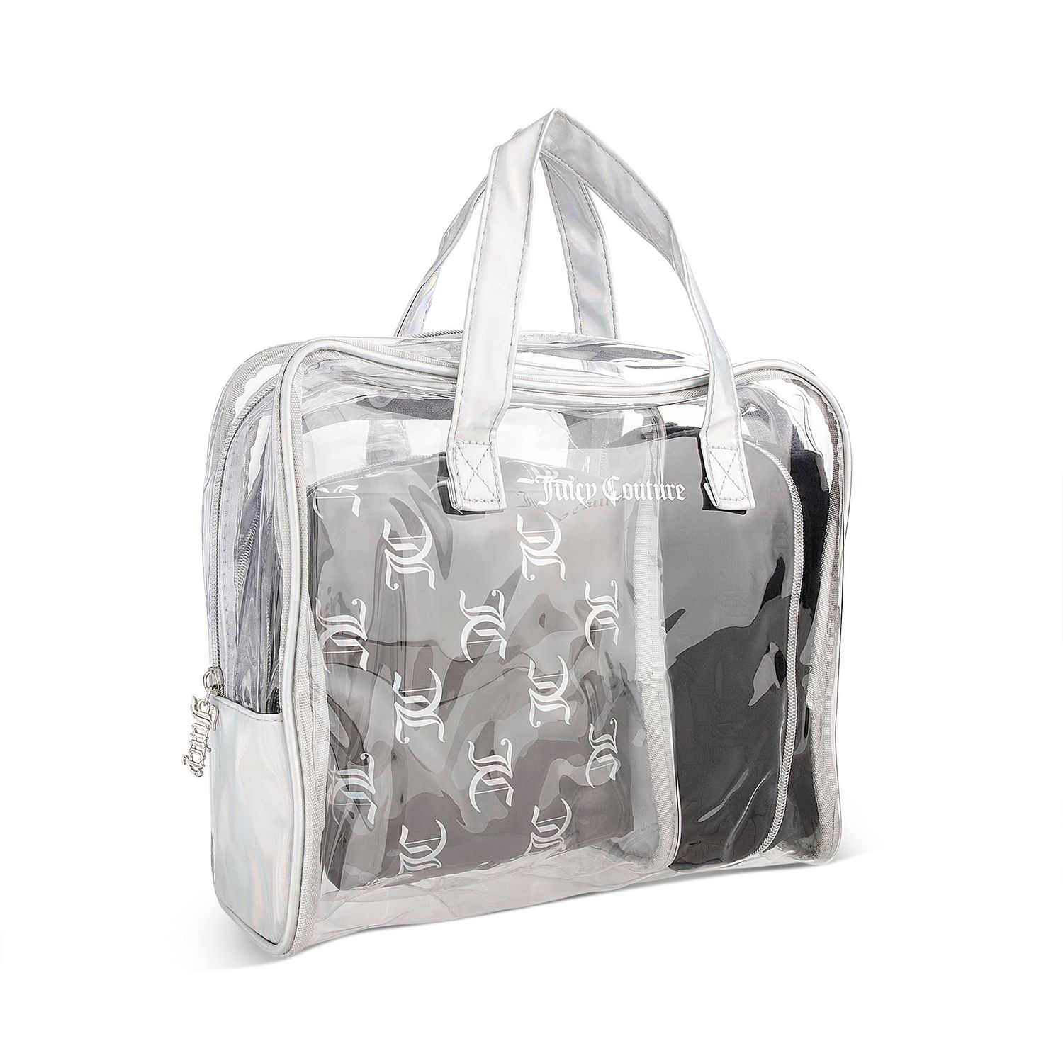 Juicy Couture Women&#39;s Cosmetics Bag - Travel Makeup and Toiletries Train Case Nested Bag Set, Black and Silver