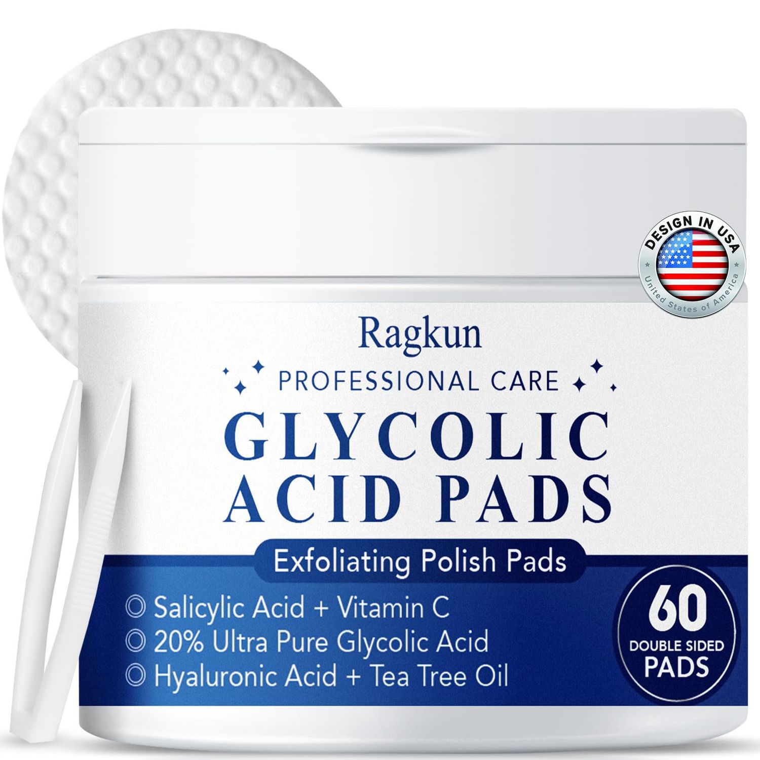 Ragkun Exfoliating Pads - Glycolic Acid 20% Resurfacing Pads for Face with Vitamins B5, C &amp; E - Face Pads with Salicylic Acid, Exfoliating Peel Pads for Face with Deep Cleaning Effect - 60 Pads
