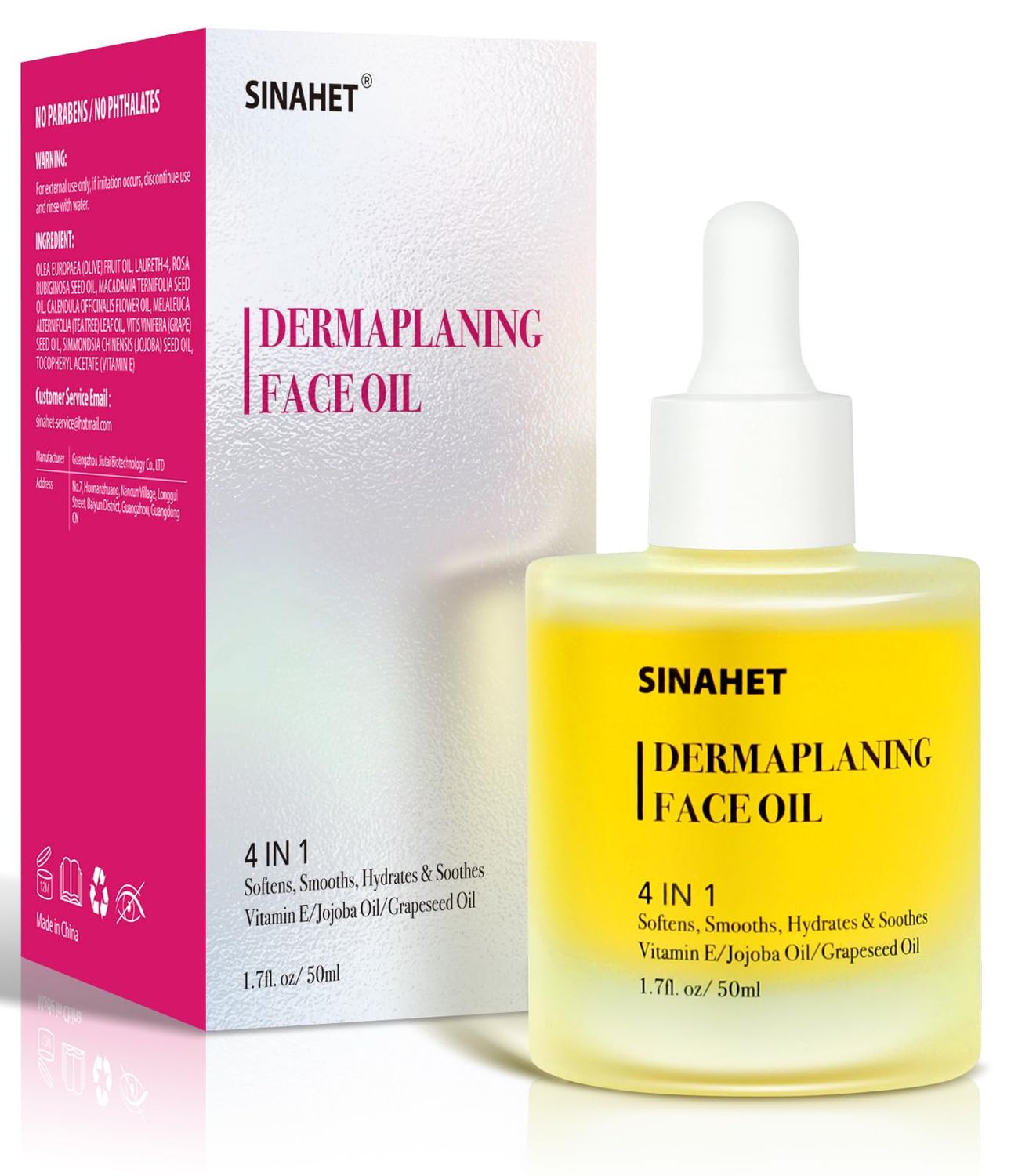 SINAHET Dermaplaning Oil, Natural Moisturizing Shave Oil for Face &amp; Body Hair, Skin Soothing Oil made with essence of Jojoba, Vitamin E, Tea Tree, and Grape Seed (1.7fl. oz/50ml)