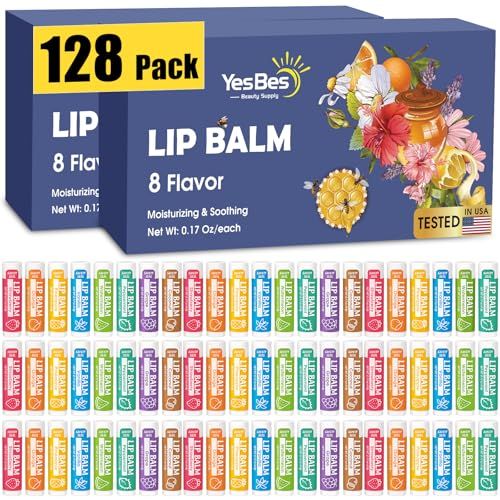 YesBes 128 Pack Lip Balm, Natural Lip Balm Bulk with Vitamin E and Coconut Oil, Moisturizing Lip Balm for Dry Cracked Lips, Lip Balm for Stocking Stuffers - 8 Flavors