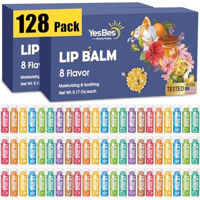 YesBes 128 Pack Lip Balm, Natural Lip Balm Bulk with Vitamin E and Coconut Oil, Moisturizing Lip Balm for Dry Cracked Lips, Lip Balm for Stocking Stuffers - 8 Flavors