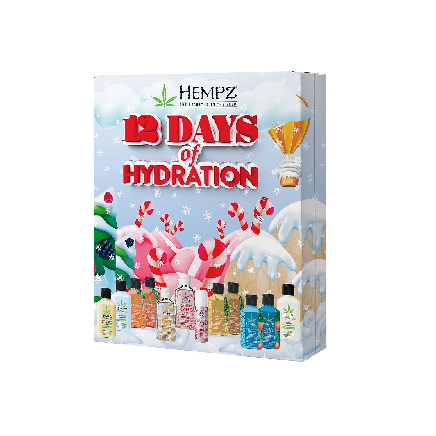 Hempz Twelve Days of Hydration Skin Care Gift Set (12-pack) - Candy Cane Moisturizer &amp; Lip Balm, Vanilla Moisturizer, Pineapple &amp; Melon, Original, &amp; Triple Moisture Shampoo, Conditioner &amp; Moisturizer