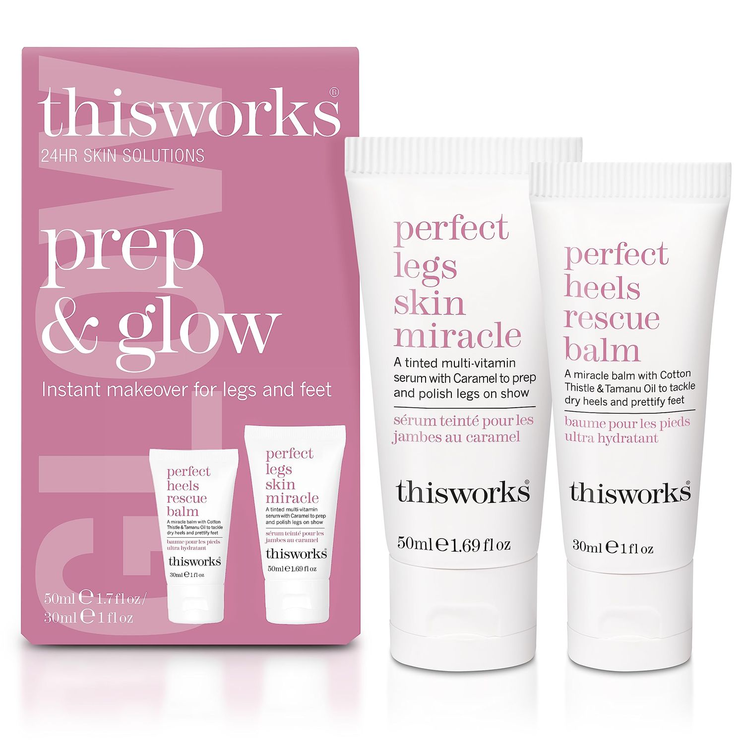 THISWORKS Prep and Glow Gift Set - Travel Size Kit with Perfect Legs Skin Miracle and Perfect Heels Rescue Balm Foot Cream - Nourishing &amp; Hydrating Bodycare Duo