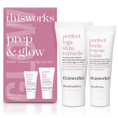 THISWORKS Prep and Glow Gift Set - Travel Size Kit with Perfect Legs Skin Miracle and Perfect Heels Rescue Balm Foot Cream - Nourishing &amp; Hydrating Bodycare Duo